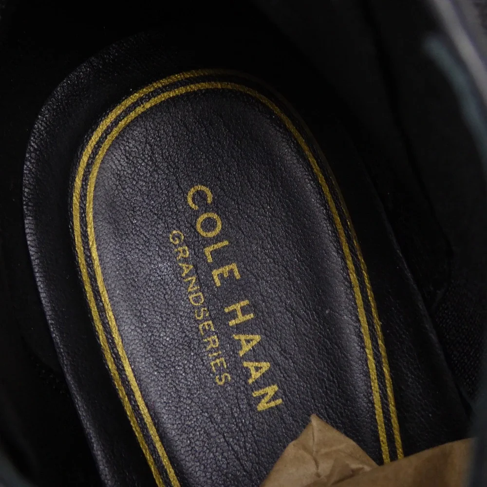 Cole Haan Women Grand Ambition 55 mm Boots Black Leather Block Heel Gold Toe 8.5